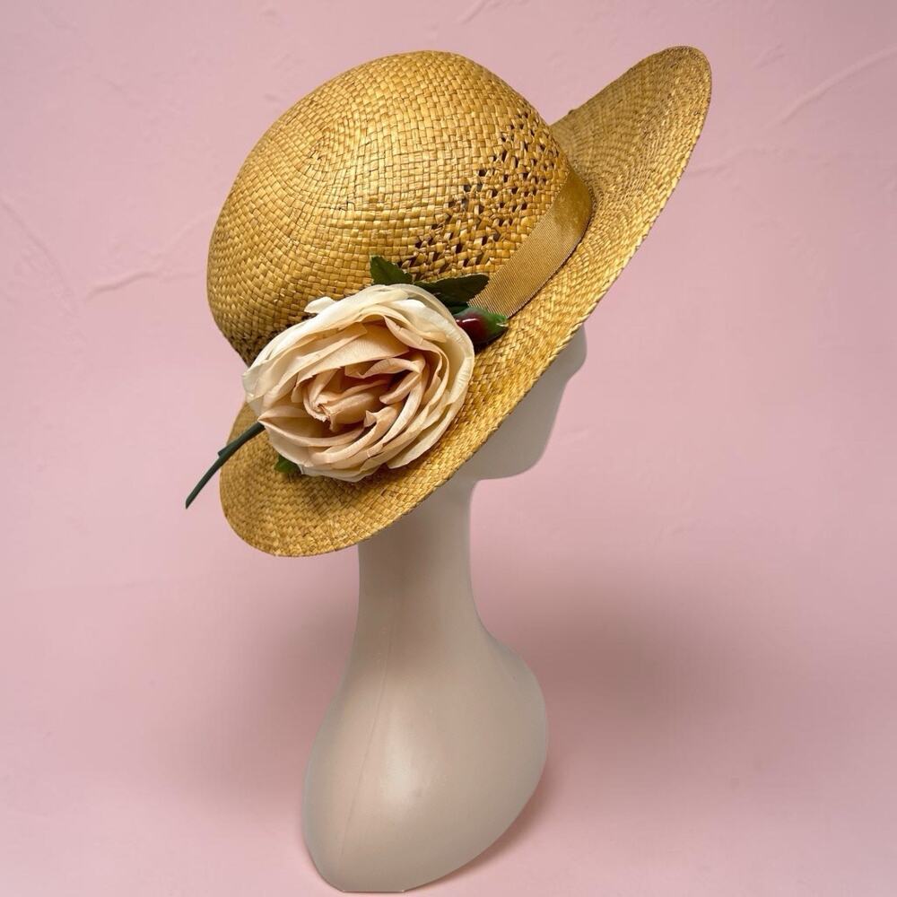Vintage 70s Straw Sun Hat Blush Rose Floral Garden Party Cottagecore